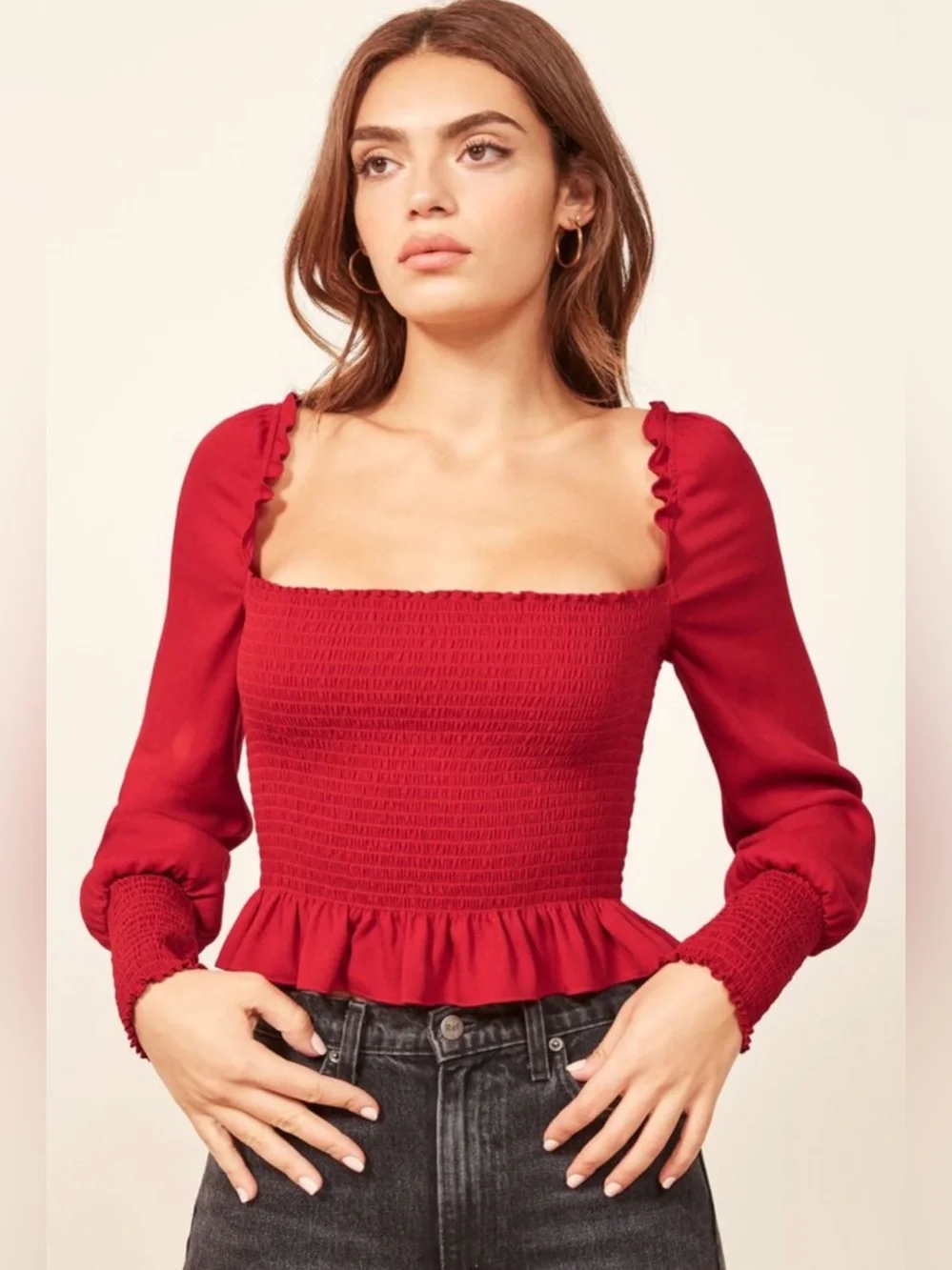 Reformation Francis Smocked Long Sleeve Top Blouse size M